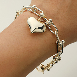 14K Gold Plated Heart Charm Industrial Chain Link Bracelet