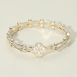 14K Gold Plated CZ Stone Clover Accent Hinged Bangle Bracelet