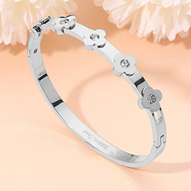 Stainless Steel CZ Stone Accent Quatrefoil Motif Hinged Bangle Bracelet