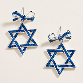 Enamel Bow Accent Star of David Dangle Earrings