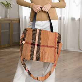 Fluffy Faux Fur Plaid Pattern Shoulder Bag Tote Bag