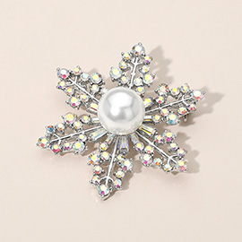 Elegant Crystal Rhinestone Pearl Snowflake Brooch