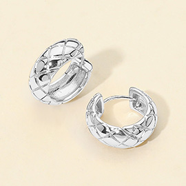 White Gold Dipped Quilt Pattern Huggie Hoop Earrings