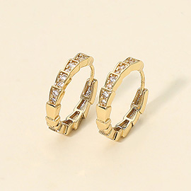 14K Gold Dipped CZ Stone Paved Geometric Huggie Hoop Earrings