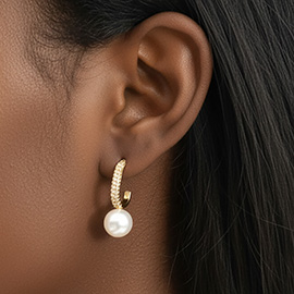 14K Gold Dipped CZ Stone Paved Glamourous Link Pearl Earrings