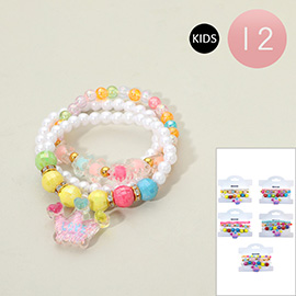 12 SET OF 3 - Kids LOVE Crown Charm Pearl Faceted Beaded Stretch Multi Layered Bracelets