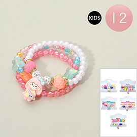 12 SET OF 3 - Kids Cute Girl Charm Flower Pearl Faceted Beaded Stretch Multi Layered Bracelets