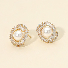14K Gold Dipped Brilliant CZ Halo Pearl Stud Earrings