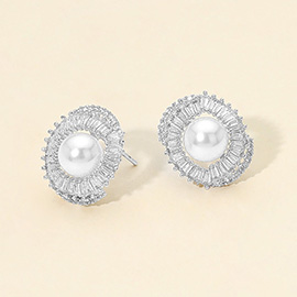 White Gold Dipped Brilliant CZ Halo Pearl Stud Earrings