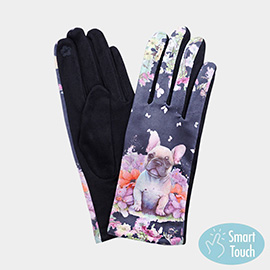 Floral French Bulldog Printed Smart Touch Gloves