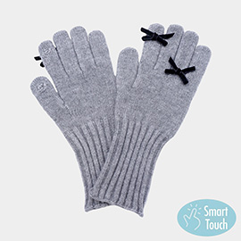 Bow Accent Ribbed Knit Smart Touch Gloves