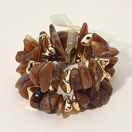 2PCS - Chunky Marbled Resin Metal Beaded Stretch Multi Layered Bracelets