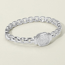 CZ Stone Paved Square Center Accent Hinged Bangle Bracelet