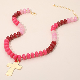 18K Gold Dipped Hammered Cross Plate Pendant Chunky Resin Disc Beaded Necklace