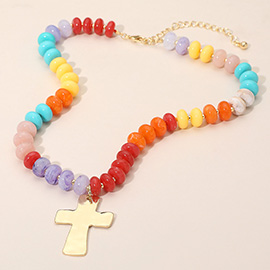 18K Gold Dipped Hammered Cross Plate Pendant Chunky Resin Disc Beaded Necklace