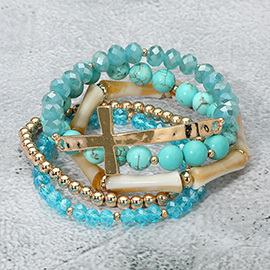 5PCS - Metal Cross Accent Resin Bamboo Bar Faceted Beaded Stretch Multi Layered Bracelets