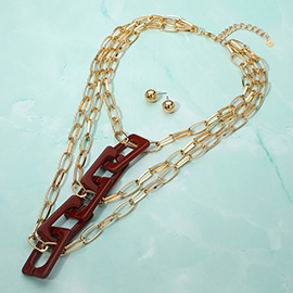 Bold Resin Square Chain Link Accent Paperclip Chin Layered Statement Necklace