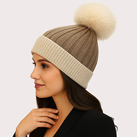 Two Tone Real Fur Pom Knit Winter Beanie Hat