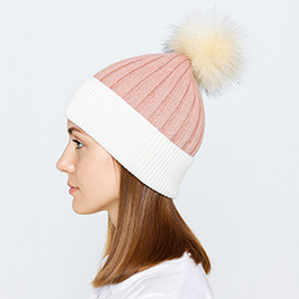 Two Tone Real Fur Pom Knit Winter Beanie Hat