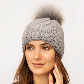 Rhinestone Ribbed Knit Real Fur Pom Winter Beanie Hat