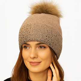 Rhinestone Ribbed Knit Real Fur Pom Winter Beanie Hat