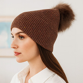 Faux Fur Pom Sparkly Ribbed Knit Winter Beanie Hat