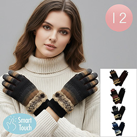 12Pairs - Striped Faux Fur Cuff Smart Touch Winter Gloves