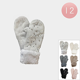 12Pairs - Pearl Beads Embellished Knit Smart Touch Sherpa Mittens