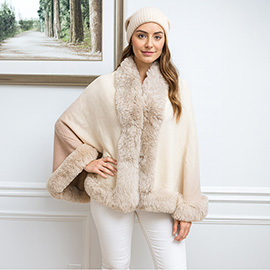Elegant Faux Fur Trim Cape Poncho
