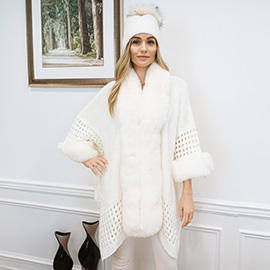 Faux Fur Trim Open Knit Cape Poncho