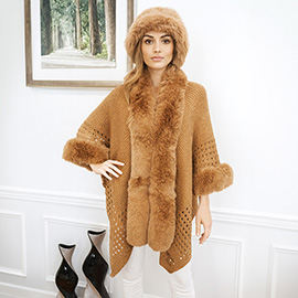 Faux Fur Trim Open Knit Cape Poncho