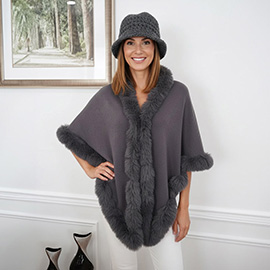 Elegant Faux Fur Trim Cape Poncho