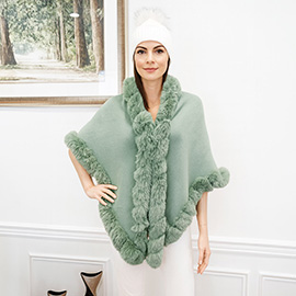 Elegant Faux Fur Trim Cape Poncho