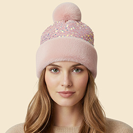 Sequin Embellished Pom Pom Beanie Hat
