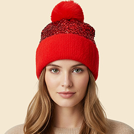Sequin Embellished Pom Pom Beanie Hat