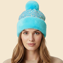 Sequin Embellished Pom Pom Beanie Hat