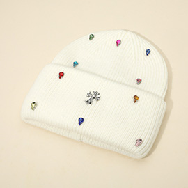 Rhinestone Cross Accent Teardrop Stone Cluster Embellished Knit Beanie Hat