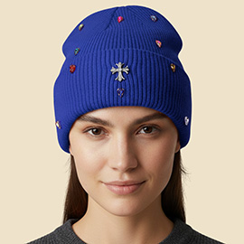 Rhinestone Cross Accent Teardrop Stone Cluster Embellished Knit Beanie Hat