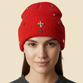 Rhinestone Cross Accent Teardrop Stone Cluster Embellished Knit Beanie Hat