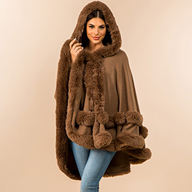 Faux Fur Trim Hooded Elegant Drape Cape Poncho