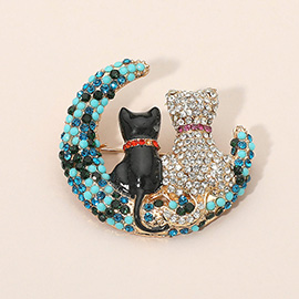 Gold Dipped Rhinestone Embellished Cat and Moon Pin Brooch