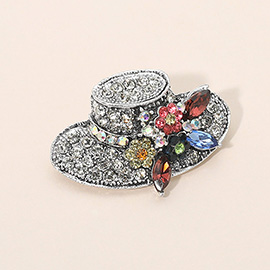 Silver Dipped Rhinestone Embellished Floral Hat Pin Brooch / Pendant
