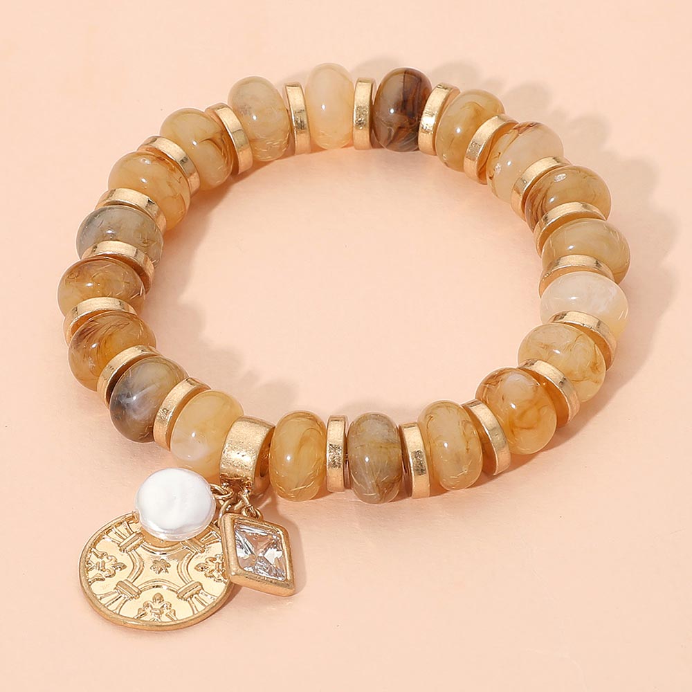 Metal Embossed Medal Square Stone Pearl Charm Rein Disc Beaded Stretch Bracelet