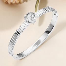 Stainless Steel Heart Stone Accent Hinged Bangle Bracelet