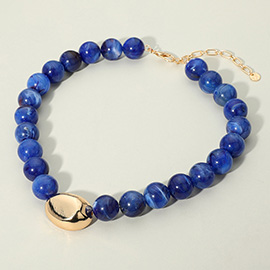 Polished Metal Bean Accent Bold Marbled Ball Beaded Statement Necklace