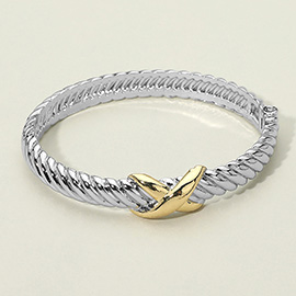 Two Tone Crisscross Accent Twist Hinged Bangle Bracelet