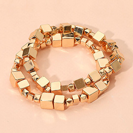 2PCS - Metal Geometric Cube Beaded Stretch Multi Layered Bracelets
