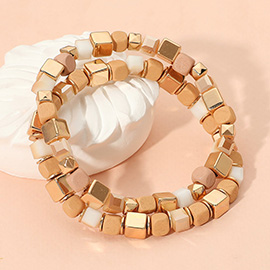 2PCS - Mixed Wooden Cube Beaded Stretch Multi Layered Bracelets