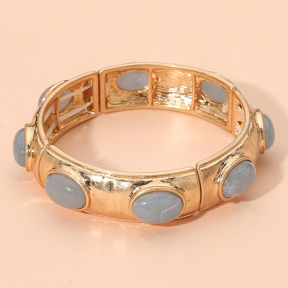 Marbled Oval Stone Accent Hammered Metal Beaded Stretch Bracelet