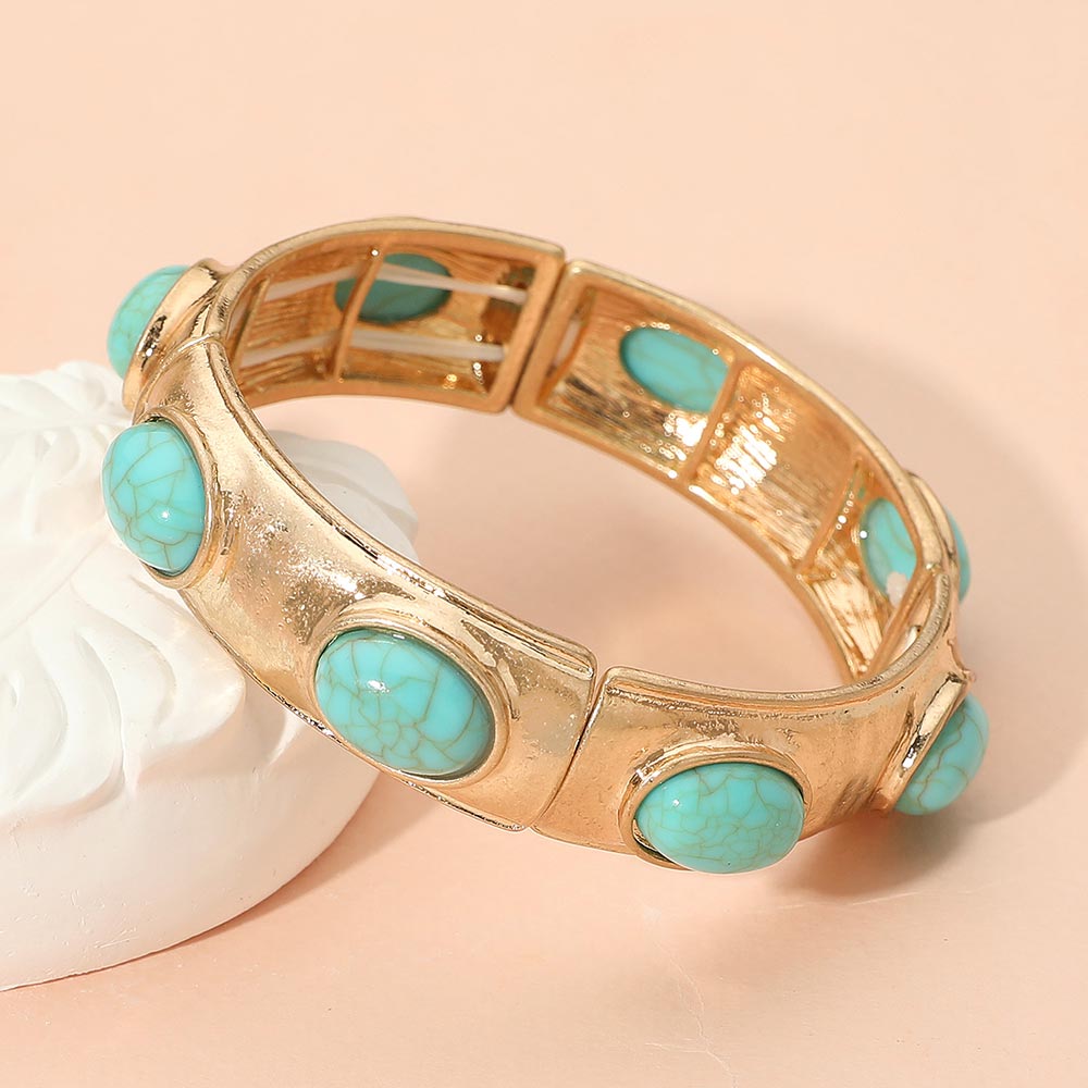 Marbled Oval Stone Accent Hammered Metal Beaded Stretch Bracelet